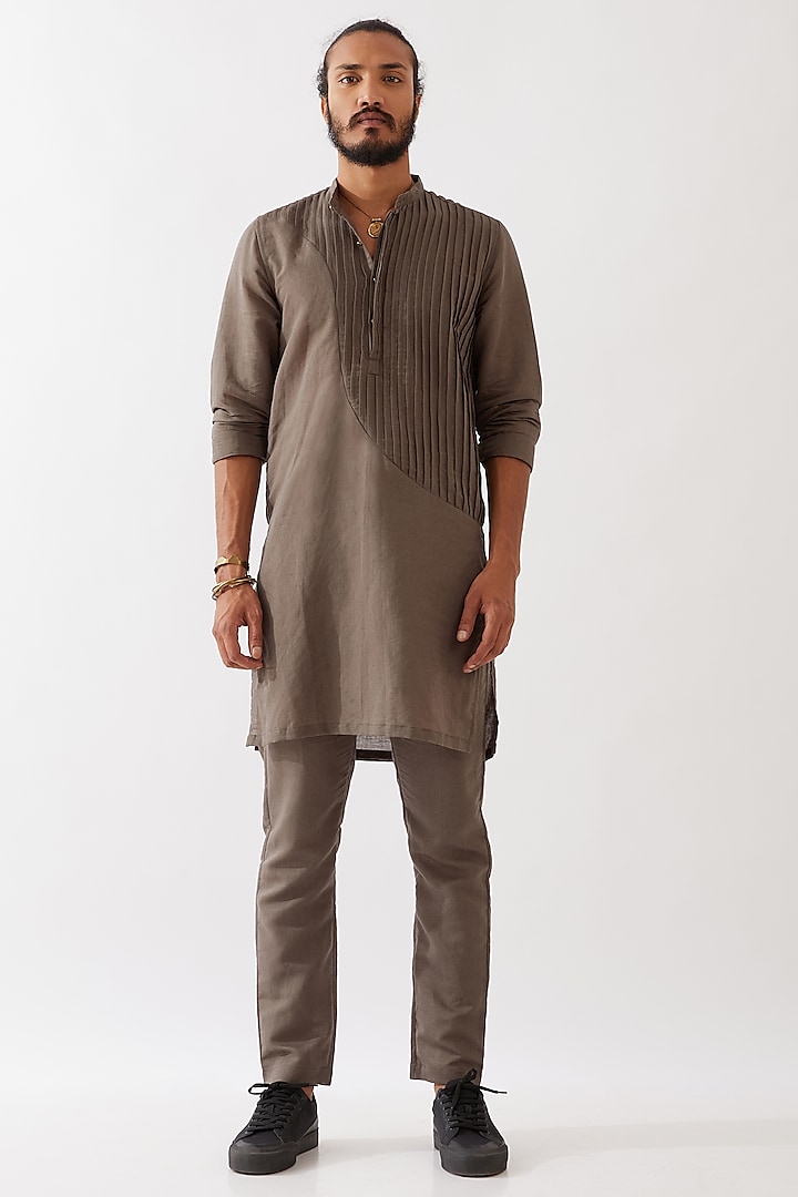 Grey Cotton Linen Pleated Textured Kurta Set by Son Of A Noble SNOB Men