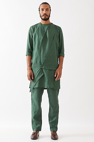 Green Linen Asymmetric Kurta Set by Son Of A Noble SNOB Men