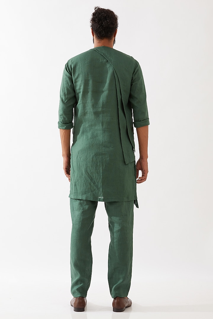 Green Linen Asymmetric Kurta Set by Son Of A Noble SNOB Men at Pernia's Pop Up Shop