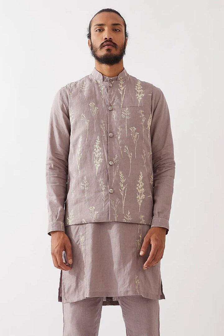 Purple Linen Printed Bundi Jacket Set by Son Of A Noble SNOB Men at Pernia's Pop Up Shop