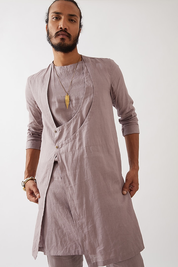 Purple Linen Asymmetric Kurta Set by Son Of A Noble SNOB Men at Pernia's Pop Up Shop