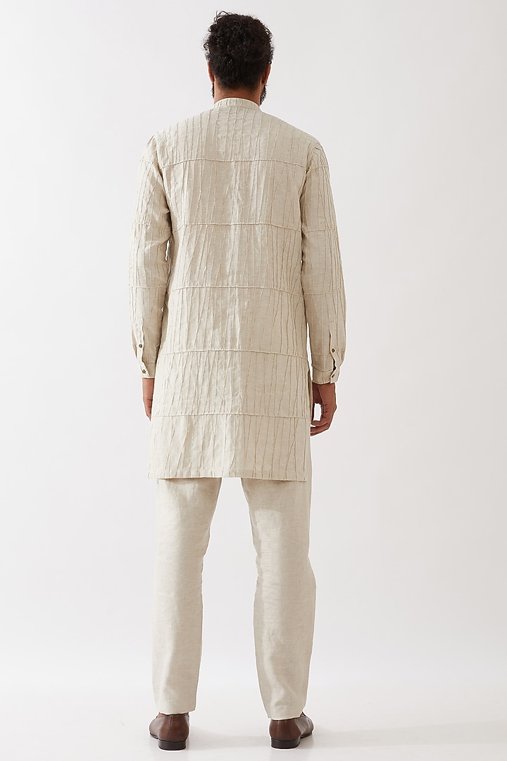 Ivory Linen Pintucks Textured Kurta Set by Son Of A Noble SNOB Men at Pernia's Pop Up Shop