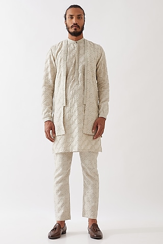 Ivory Linen Printed Indo-Western Jacket Set by Son Of A Noble SNOB Men