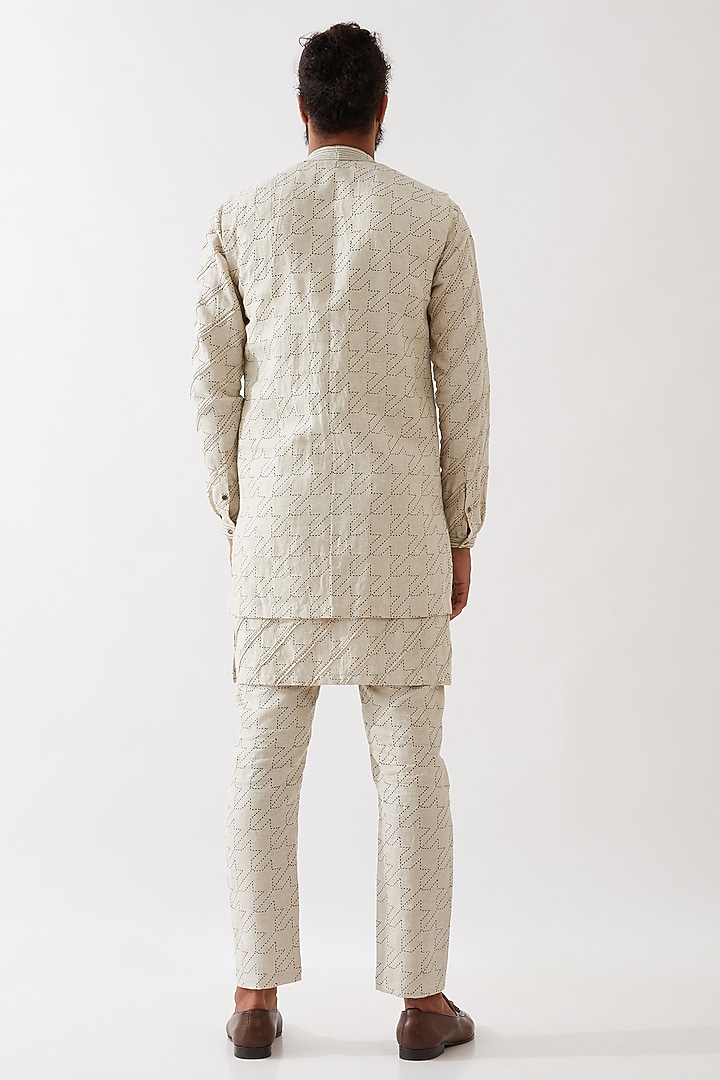 Ivory Linen Printed Indo-Western Jacket Set by Son Of A Noble SNOB Men at Pernia's Pop Up Shop