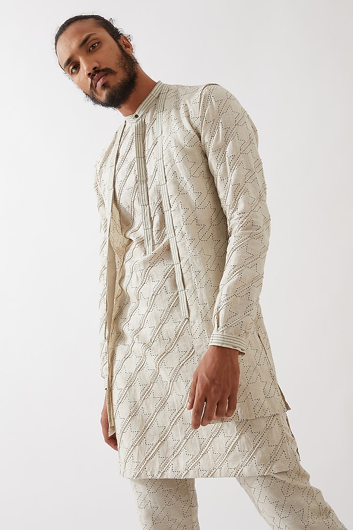 Ivory Linen Printed Indo-Western Jacket Set by Son Of A Noble SNOB Men at Pernia's Pop Up Shop