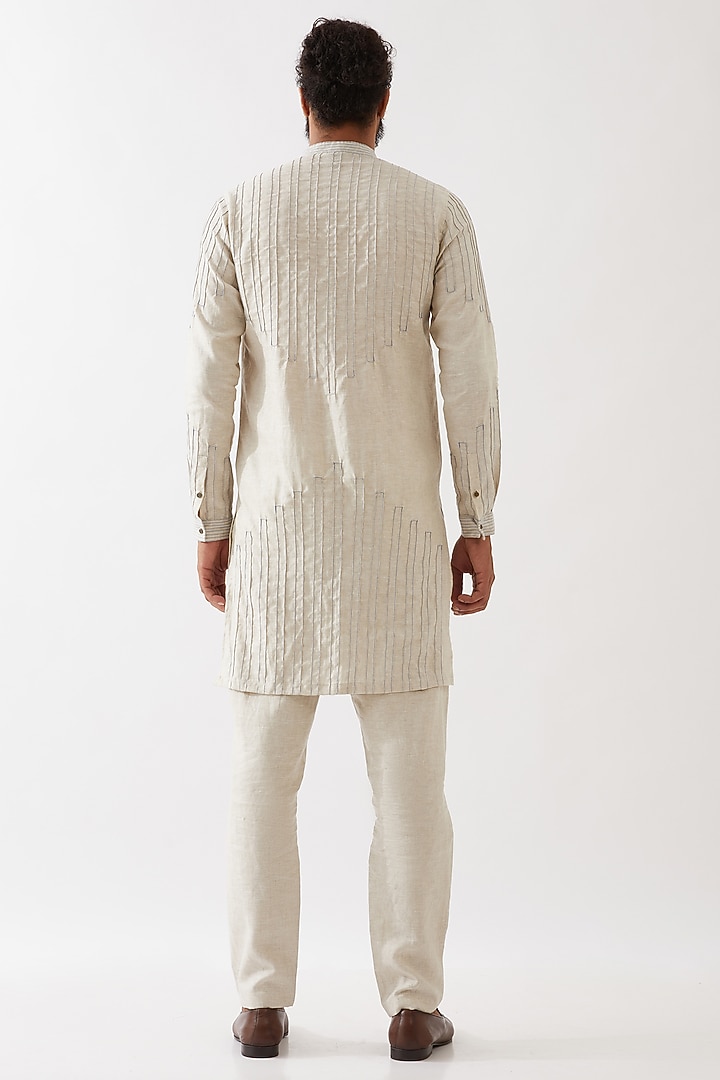 Ivory Linen Pintucks Textured Kurta Set by Son Of A Noble SNOB Men at Pernia's Pop Up Shop