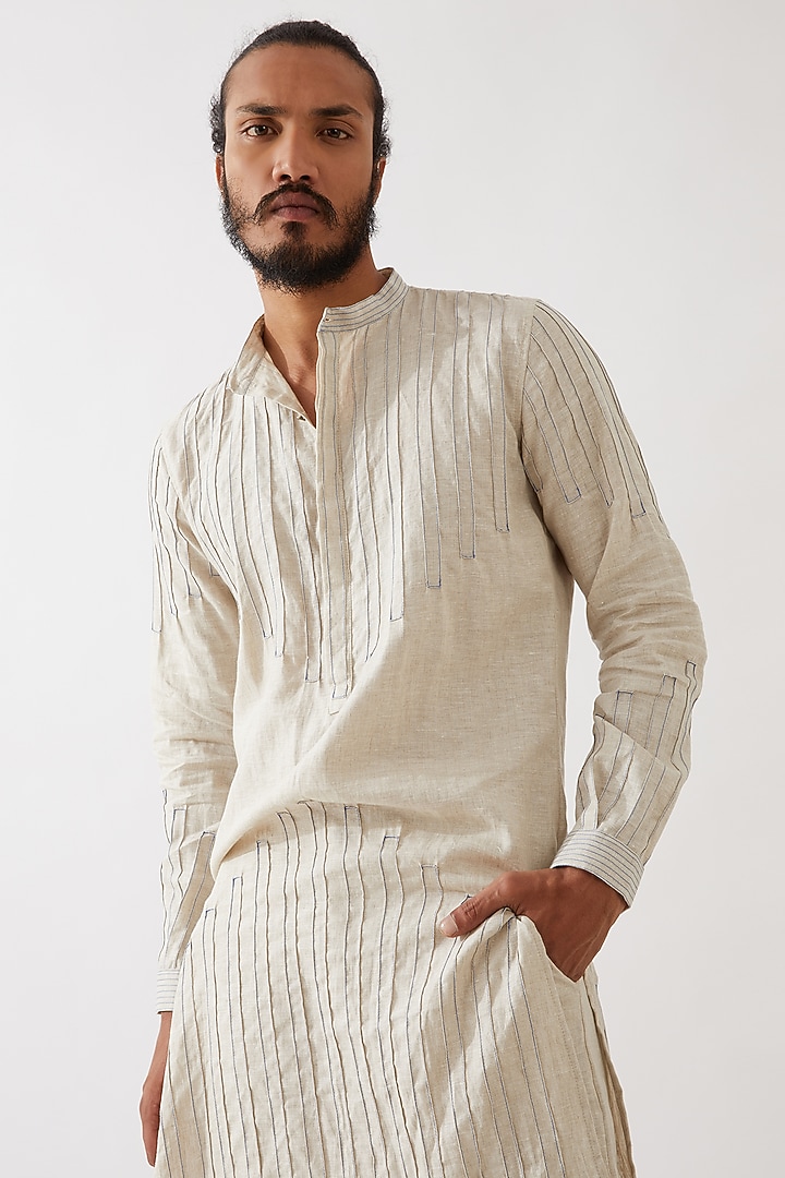 Ivory Linen Pintucks Textured Kurta Set by Son Of A Noble SNOB Men at Pernia's Pop Up Shop