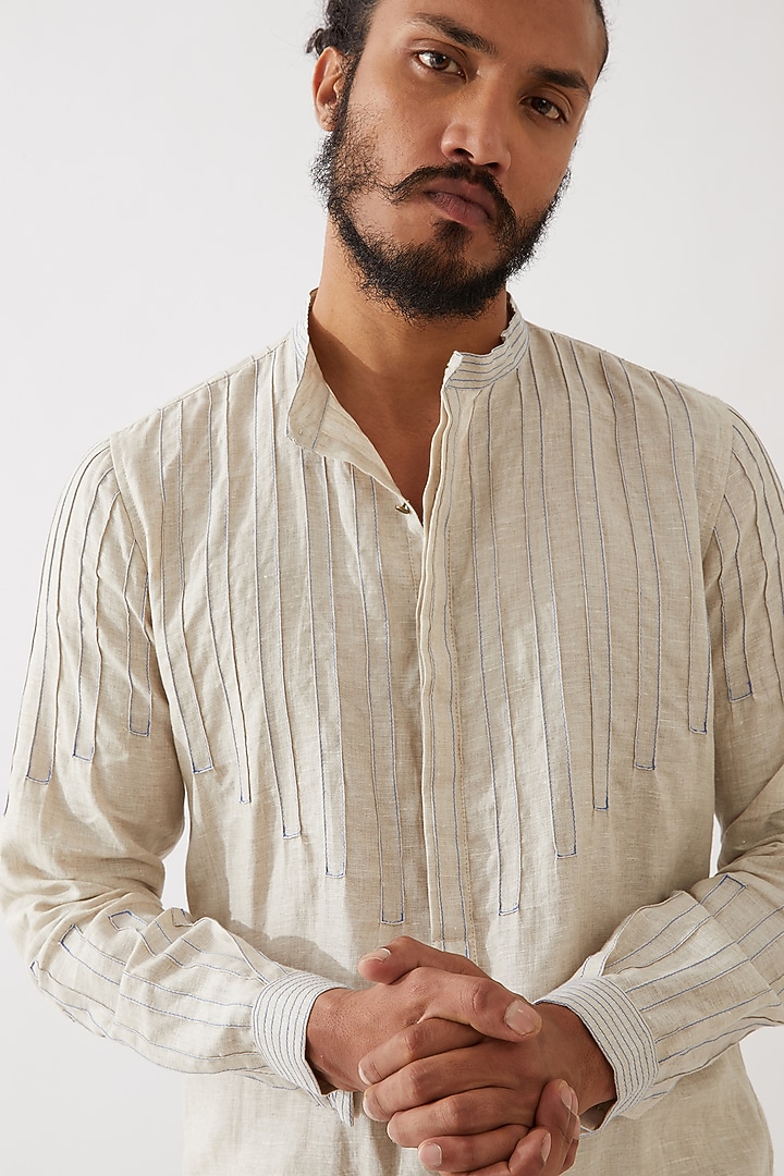 Ivory Linen Pintucks Textured Kurta Set by Son Of A Noble SNOB Men at Pernia's Pop Up Shop
