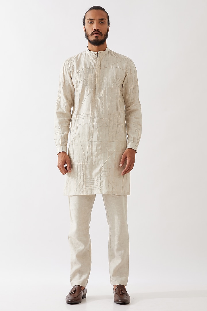 Ivory Linen Pintucks Textured Kurta Set by Son Of A Noble SNOB Men