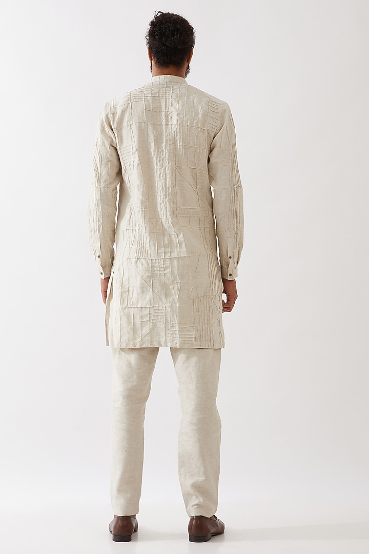 Ivory Linen Pintucks Textured Kurta Set by Son Of A Noble SNOB Men at Pernia's Pop Up Shop