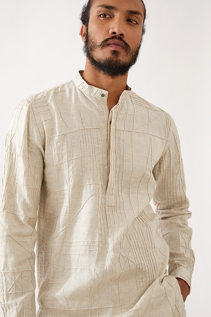 Ivory Linen Pintucks Textured Kurta Set by Son Of A Noble SNOB Men at Pernia's Pop Up Shop