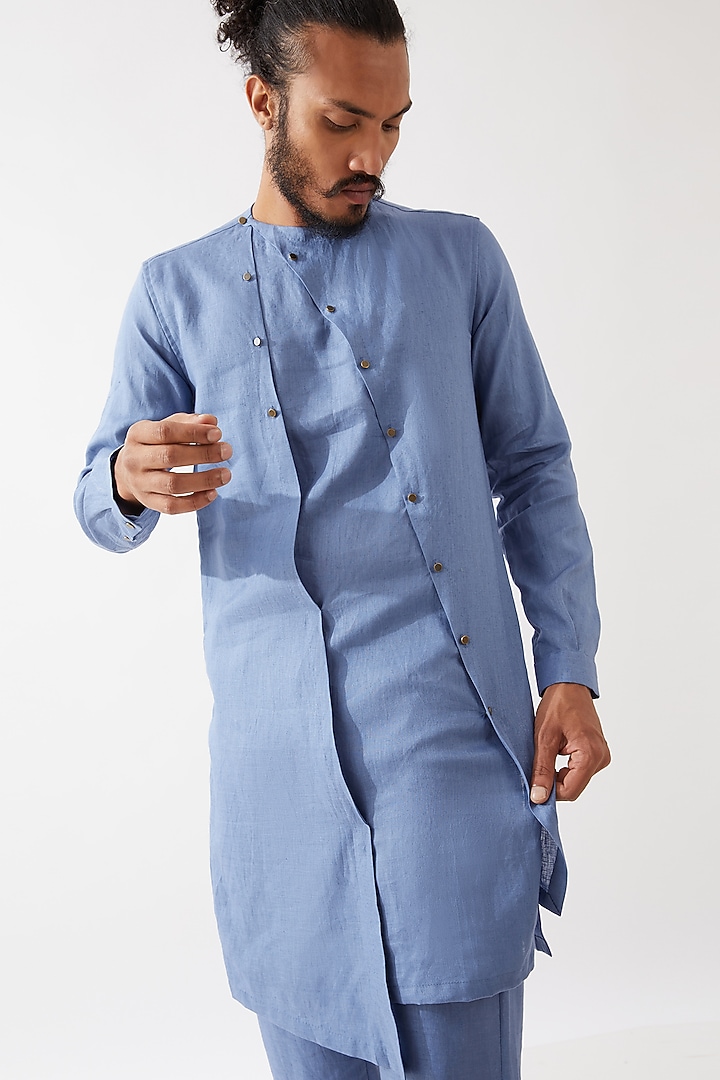 Blue Linen Kurta Set by Son Of A Noble SNOB Men at Pernia's Pop Up Shop