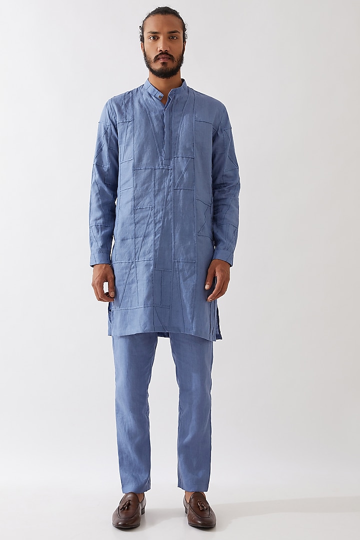 Blue Linen Applique Textured Kurta Set by Son Of A Noble SNOB Men at Pernia's Pop Up Shop