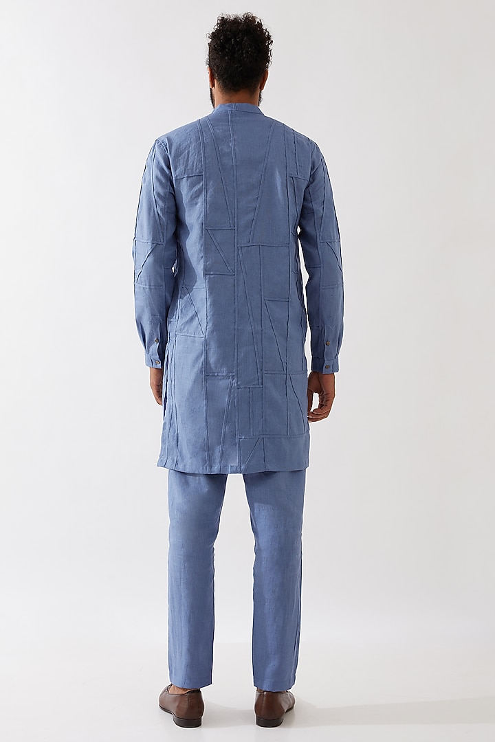 Blue Linen Applique Textured Kurta Set by Son Of A Noble SNOB Men at Pernia's Pop Up Shop