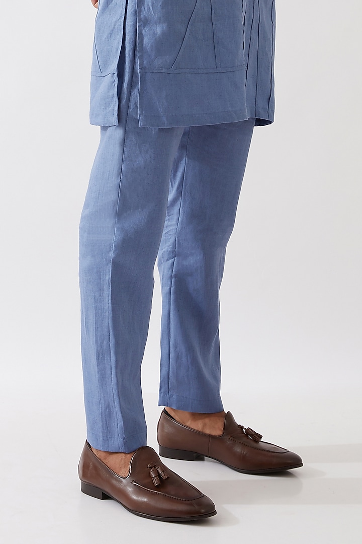 Blue Linen Applique Textured Kurta Set by Son Of A Noble SNOB Men at Pernia's Pop Up Shop