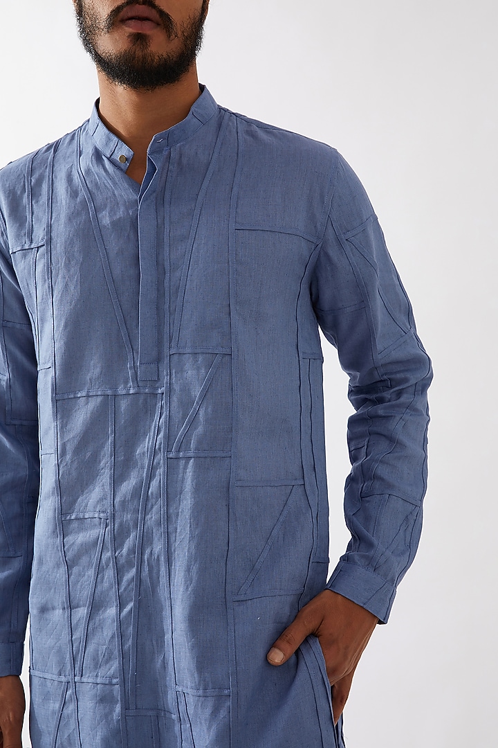 Blue Linen Applique Textured Kurta Set by Son Of A Noble SNOB Men at Pernia's Pop Up Shop