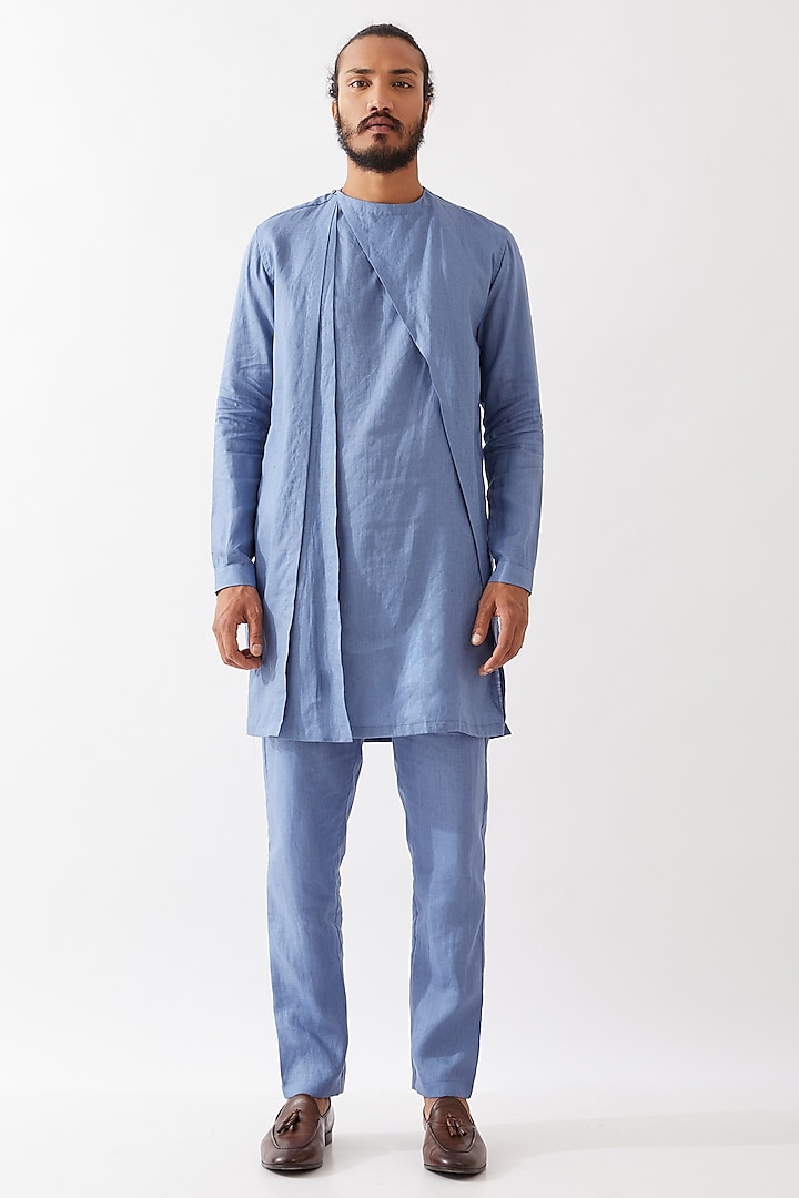 Blue Linen Asymmetric Kurta Set by Son Of A Noble SNOB Men