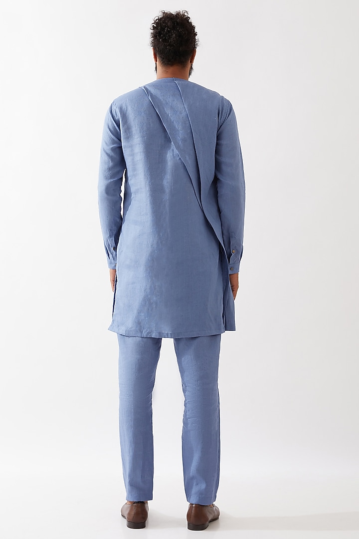 Blue Linen Asymmetric Kurta Set by Son Of A Noble SNOB Men at Pernia's Pop Up Shop