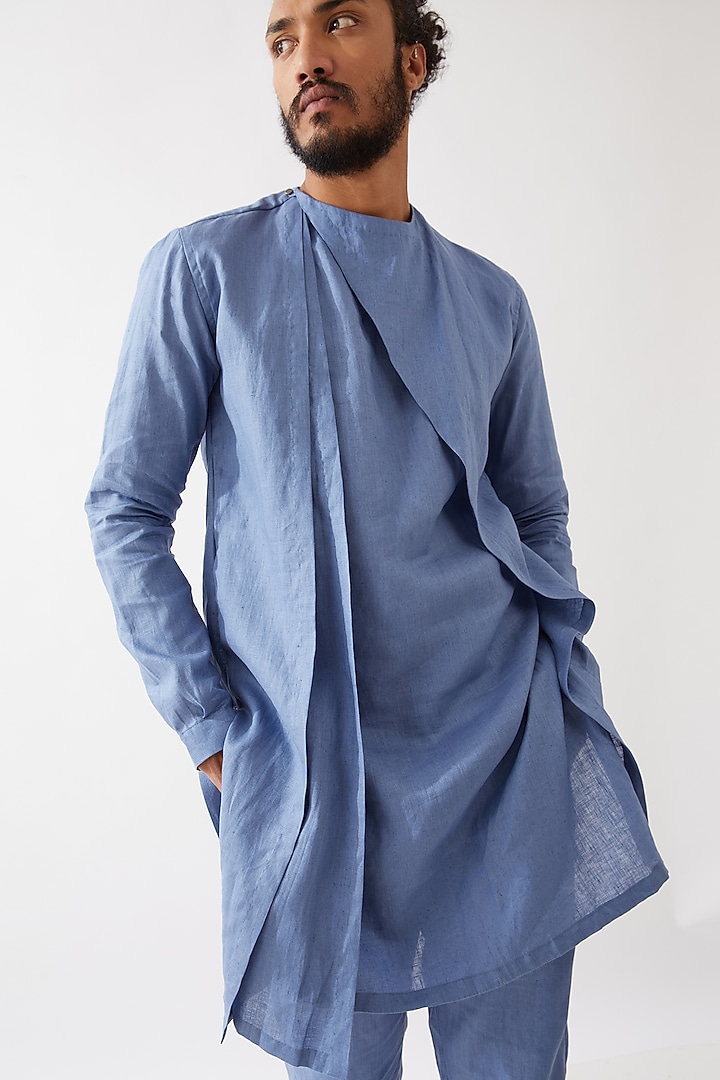 Blue Linen Asymmetric Kurta Set by Son Of A Noble SNOB Men at Pernia's Pop Up Shop