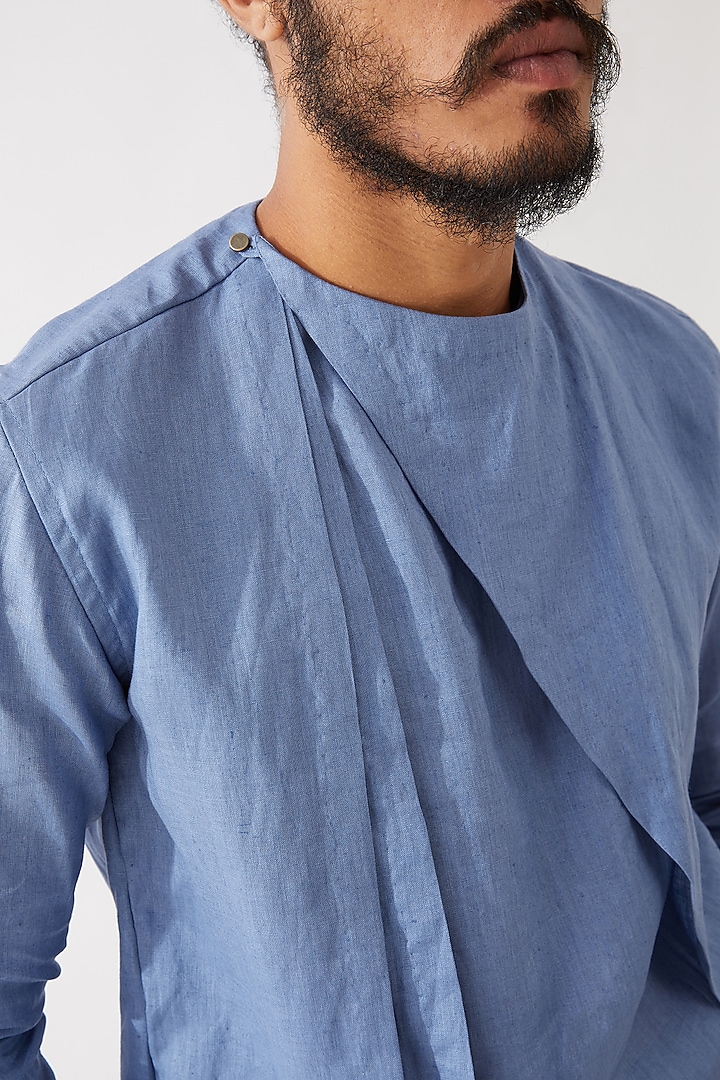 Blue Linen Asymmetric Kurta Set by Son Of A Noble SNOB Men at Pernia's Pop Up Shop
