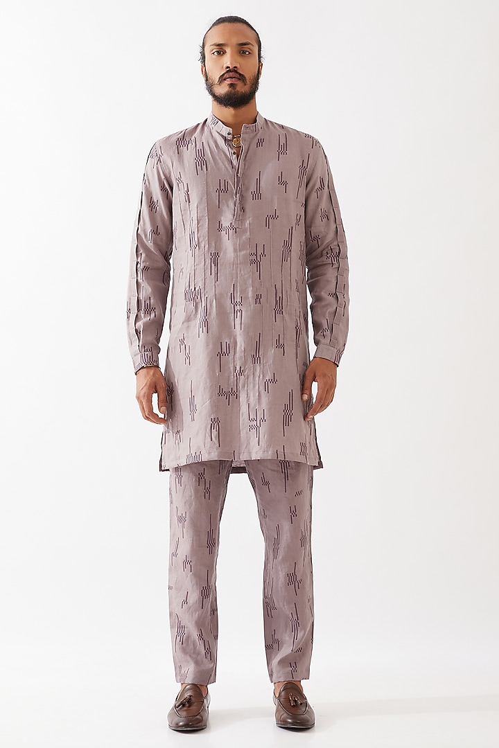 Purple Linen Printed Textured Kurta Set by Son Of A Noble SNOB Men