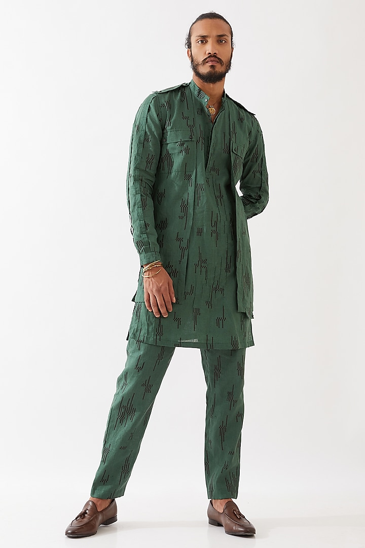 Green Linen Embroidered Indo-Western Jacket Set by Son Of A Noble SNOB Men at Pernia's Pop Up Shop