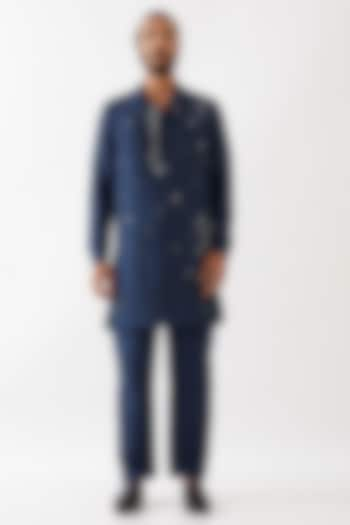 Navy Blue Dupion Silk Embroidered Kurta Set by Son Of A Noble SNOB Men at Pernia's Pop Up Shop