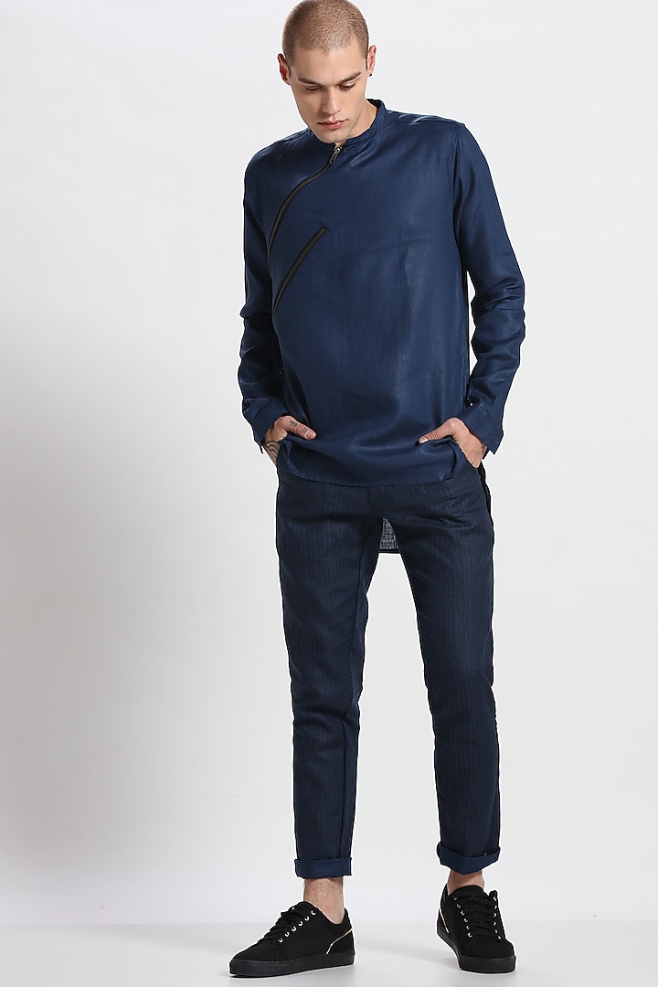 Navy Blue Double Zip Kurta by Son Of A Noble SNOB at Pernia's Pop Up Shop
