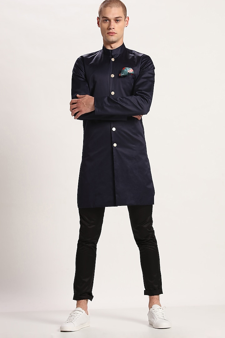 Navy Blue Cotton Long Jacket by Son Of A Noble SNOB