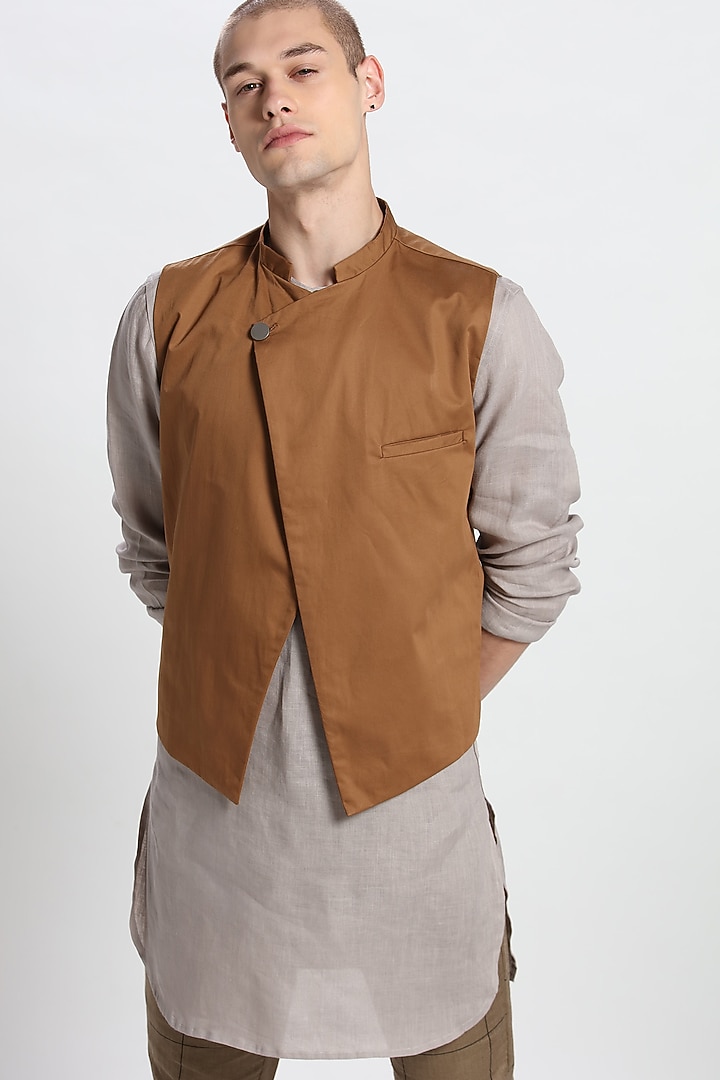 Tan Cotton Asymmetric Waistcoat by Son Of A Noble SNOB at Pernia's Pop Up Shop
