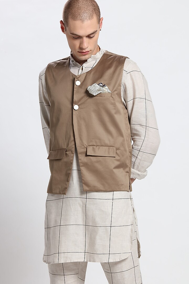 Khaki Round Neck Waistcoat by Son Of A Noble SNOB at Pernia's Pop Up Shop