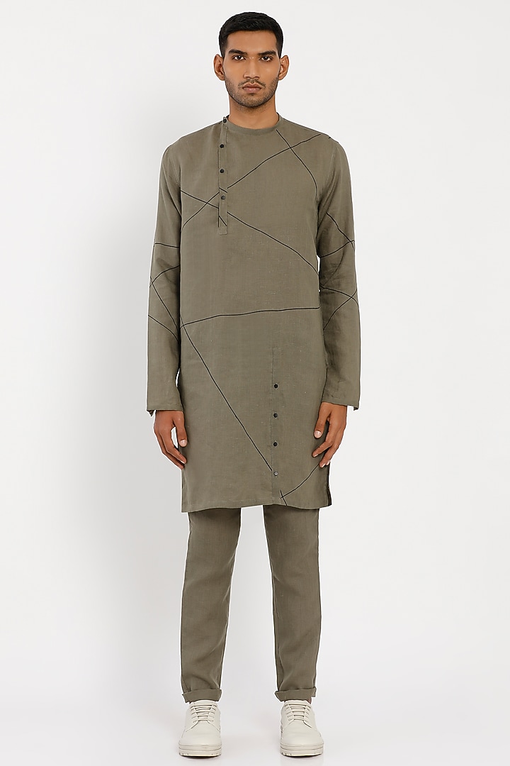 Catalina Green Linen Abstract Kurta by Son Of A Noble SNOB Men at Pernia's Pop Up Shop