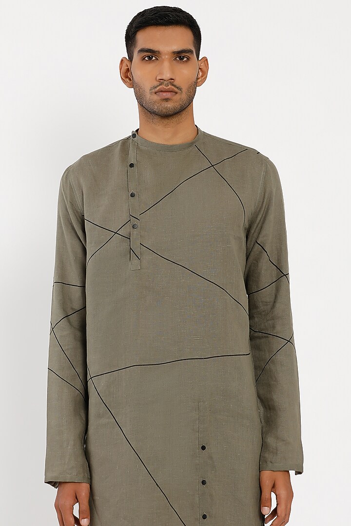 Catalina Green Linen Abstract Kurta by Son Of A Noble SNOB Men at Pernia's Pop Up Shop