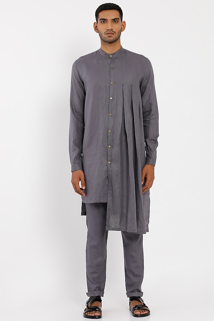 Dark Grey Linen Troy Kurta by Son Of A Noble SNOB Men at Pernia's Pop Up Shop