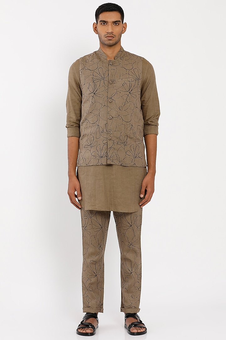 Khaki Brown Linen Bundi Jacket by Son Of A Noble SNOB Men at Pernia's Pop Up Shop