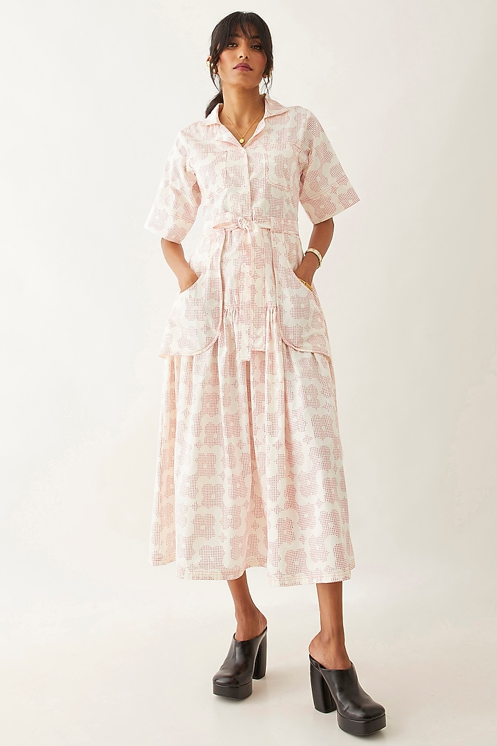 Off-White Cotton Satin Floral Printed Gathered Midi Vacation Dress by SNOB at Pernia's Pop Up Shop