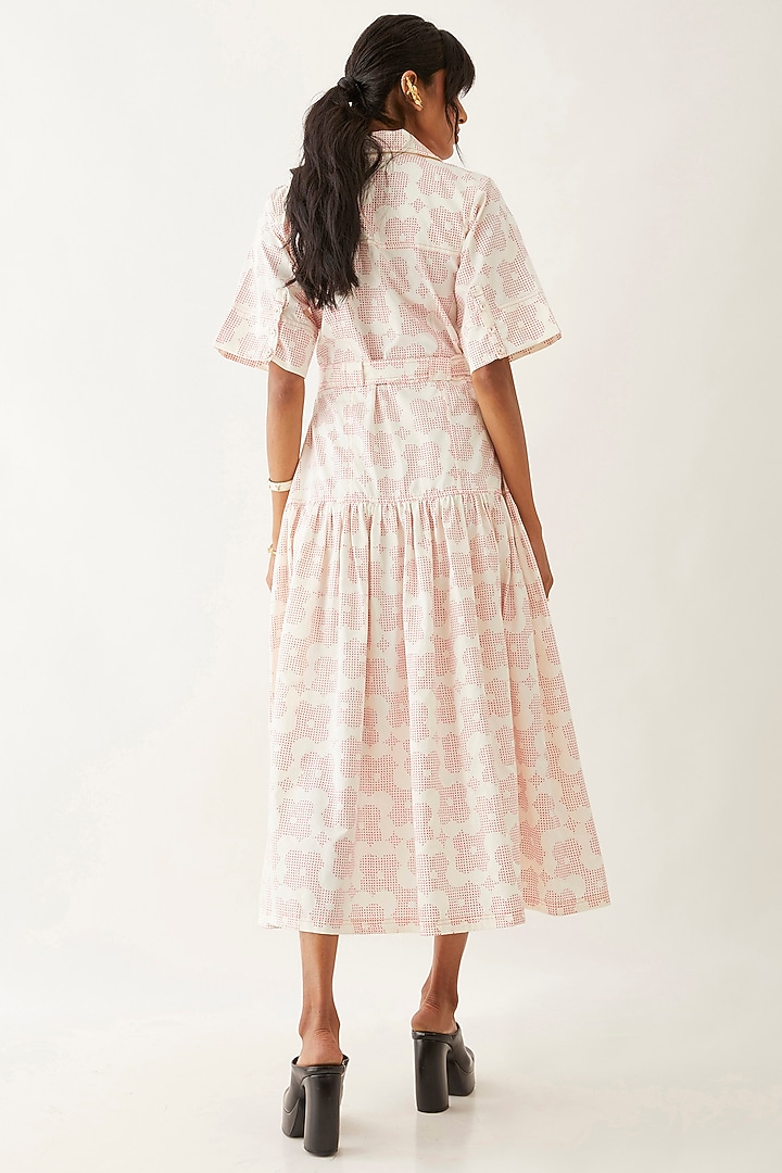 Off-White Cotton Satin Floral Printed Gathered Midi Vacation Dress by SNOB at Pernia's Pop Up Shop