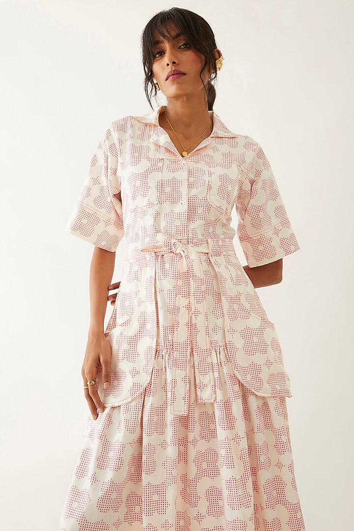 Off-White Cotton Satin Floral Printed Gathered Midi Vacation Dress by SNOB at Pernia's Pop Up Shop