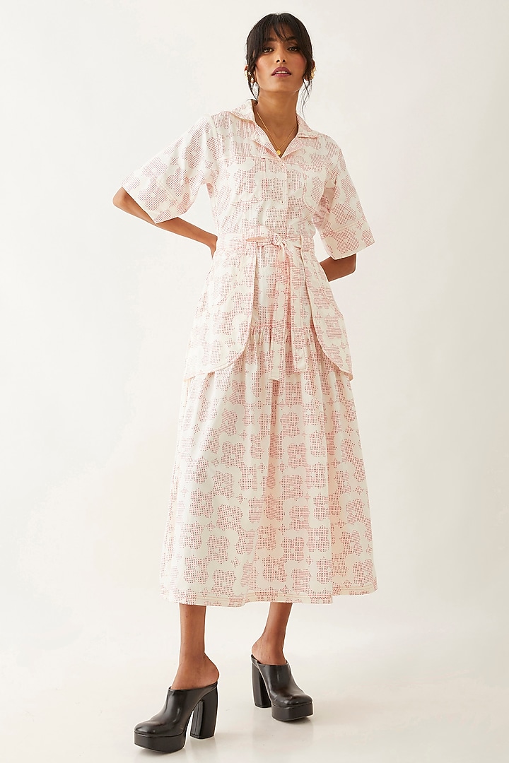 Off-White Cotton Satin Floral Printed Gathered Midi Vacation Dress by SNOB at Pernia's Pop Up Shop