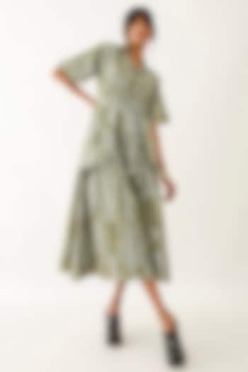 Sage Cotton Satin Floral Printed Gathered Midi Vacation Dress by SNOB at Pernia's Pop Up Shop