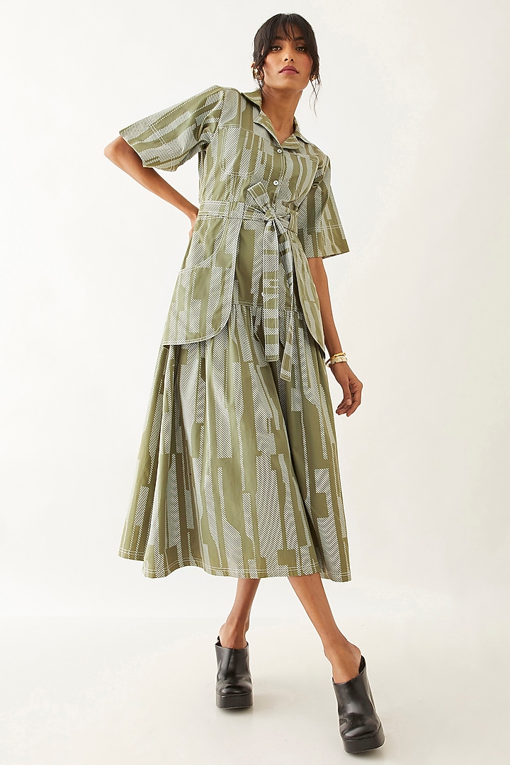Sage Cotton Satin Floral Printed Gathered Midi Vacation Dress by SNOB at Pernia's Pop Up Shop