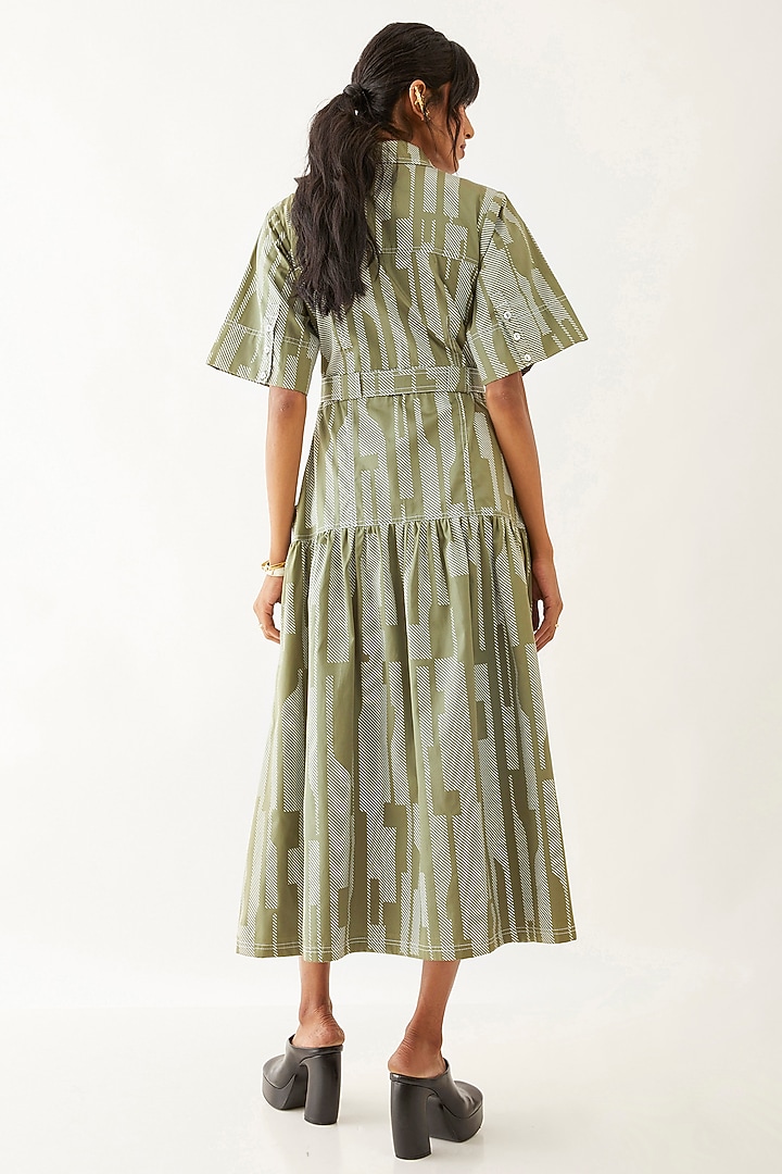 Sage Cotton Satin Floral Printed Gathered Midi Vacation Dress by SNOB at Pernia's Pop Up Shop