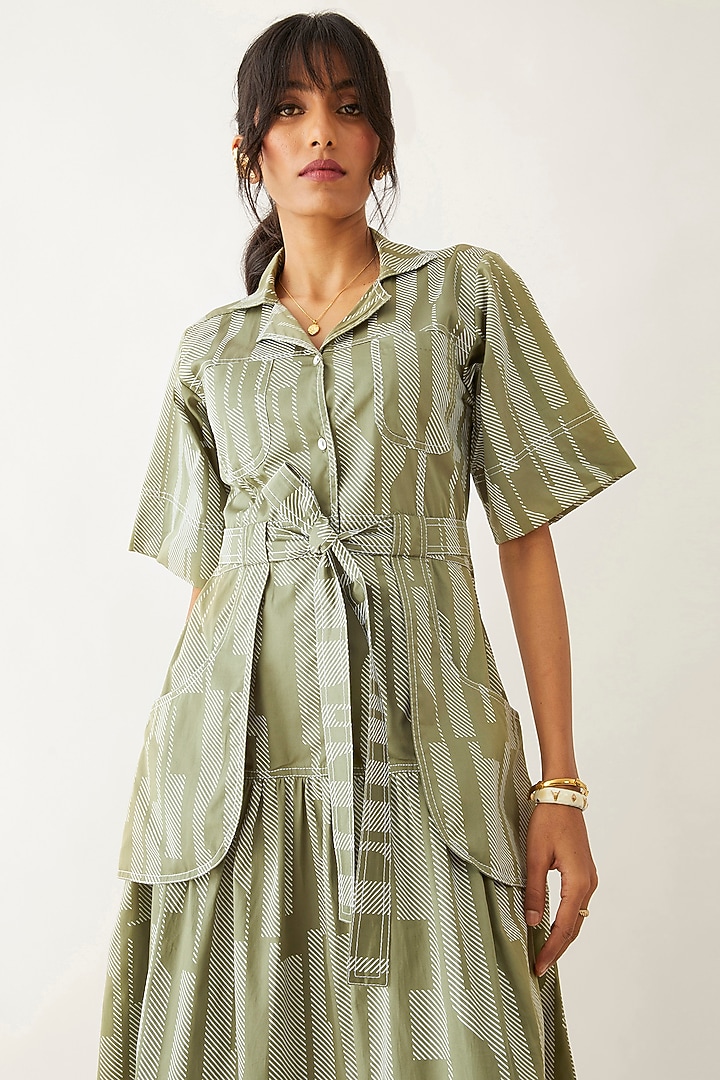 Sage Cotton Satin Floral Printed Gathered Midi Vacation Dress by SNOB at Pernia's Pop Up Shop