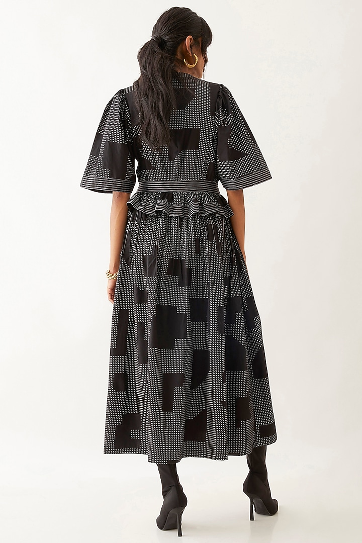 Black Cotton Satin Block Printed Midi Vacation Dress by SNOB at Pernia's Pop Up Shop