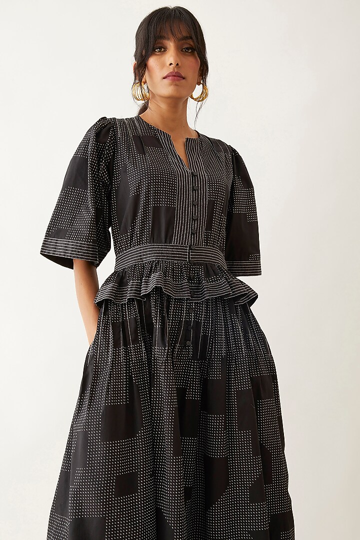 Black Cotton Satin Block Printed Midi Vacation Dress by SNOB at Pernia's Pop Up Shop