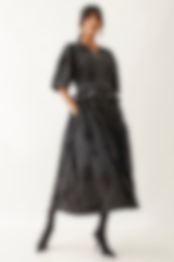 Black Cotton Satin Block Printed Midi Vacation Dress by SNOB at Pernia's Pop Up Shop