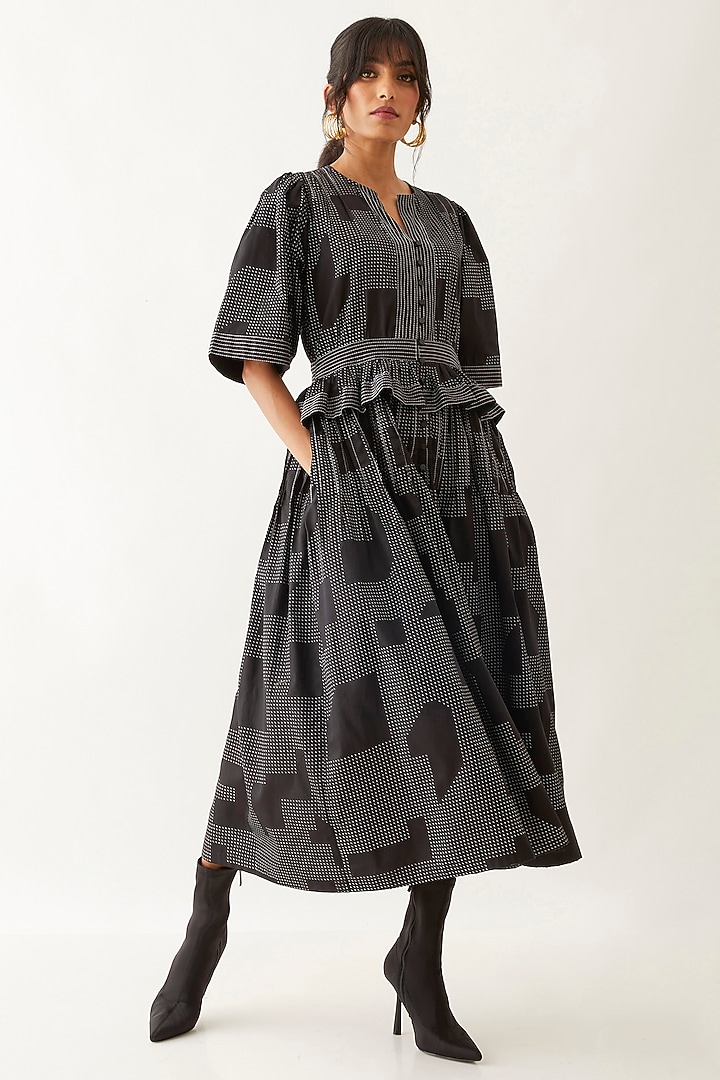 Black Cotton Satin Block Printed Midi Vacation Dress by SNOB at Pernia's Pop Up Shop
