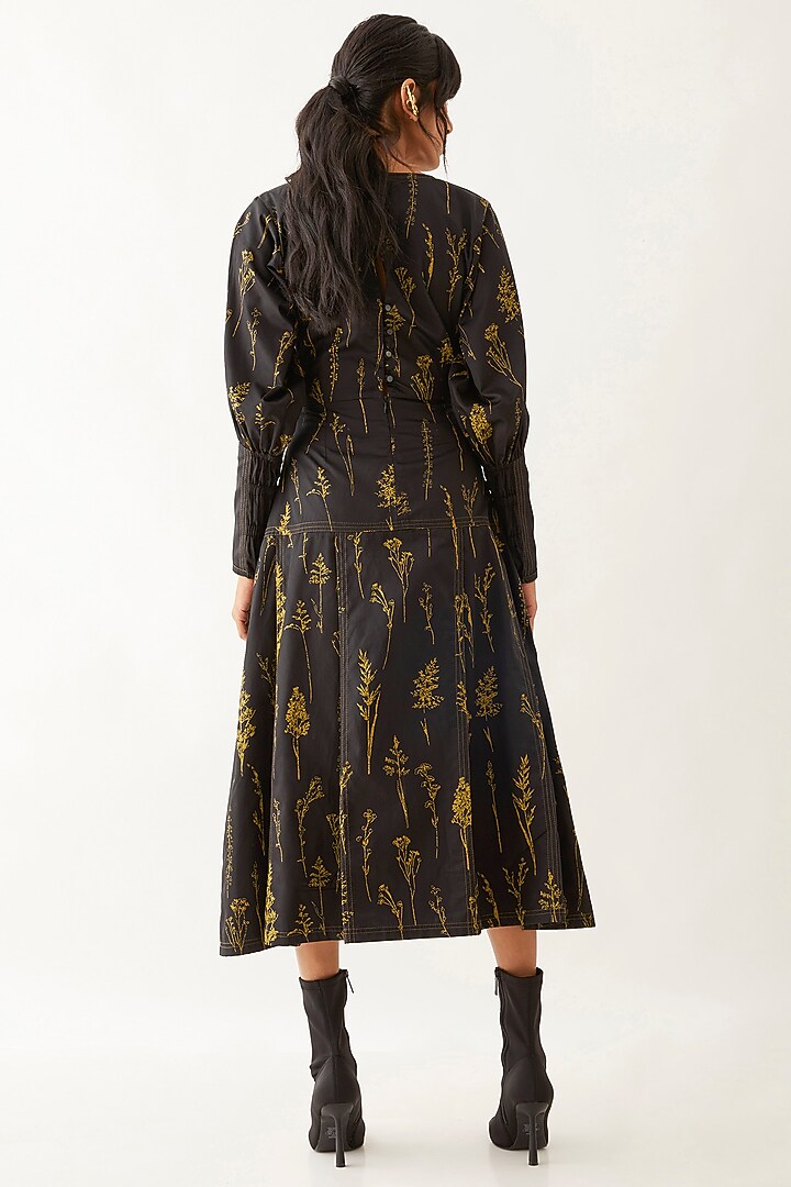 Black Cotton Satin Printed Midi Vacation Dress by SNOB at Pernia's Pop Up Shop