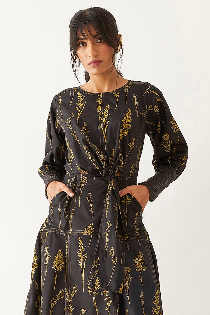 Black Cotton Satin Printed Midi Vacation Dress by SNOB at Pernia's Pop Up Shop