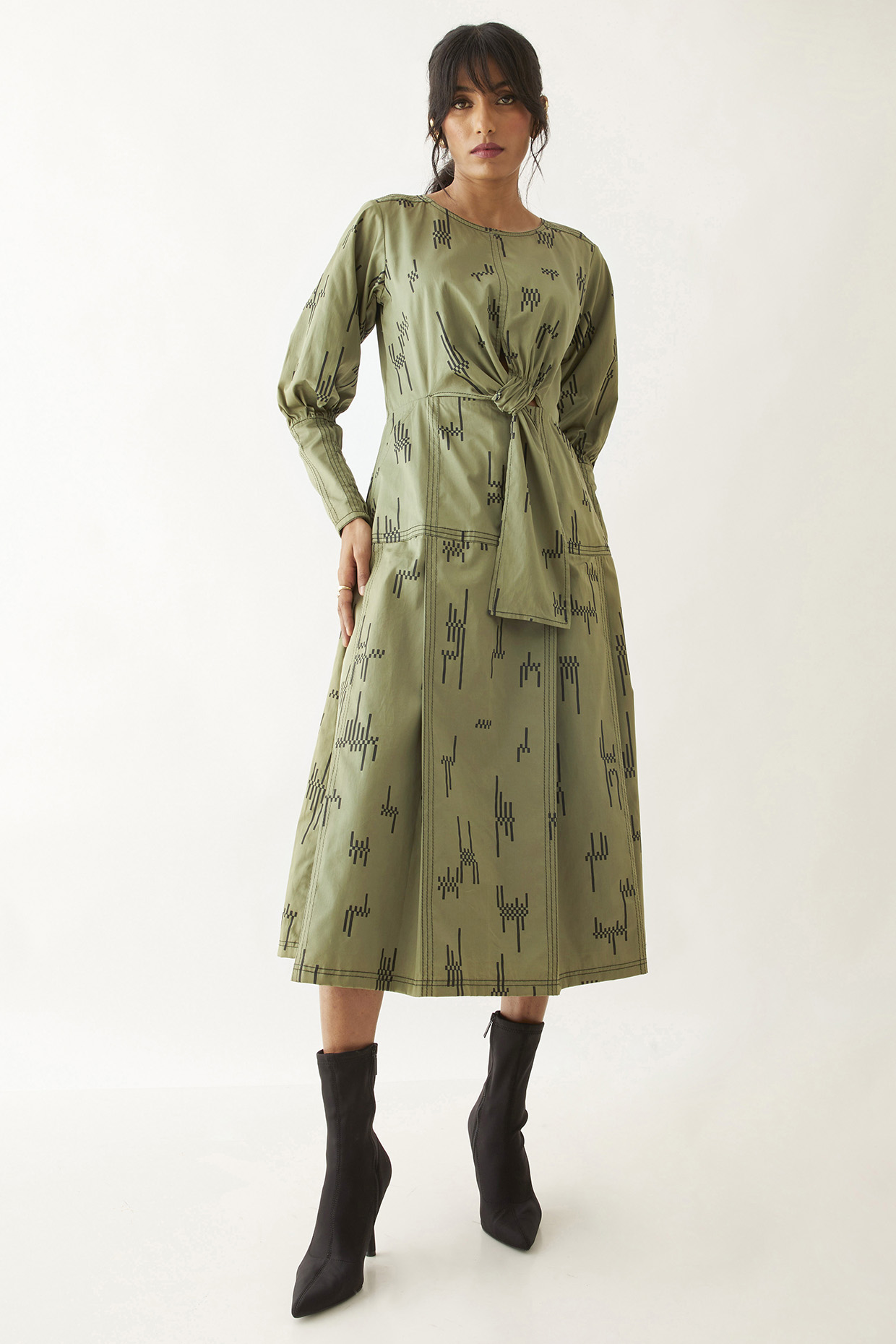 Sage Cotton Satin Printed Midi Dress by SNOB at Pernia's Pop Up Shop